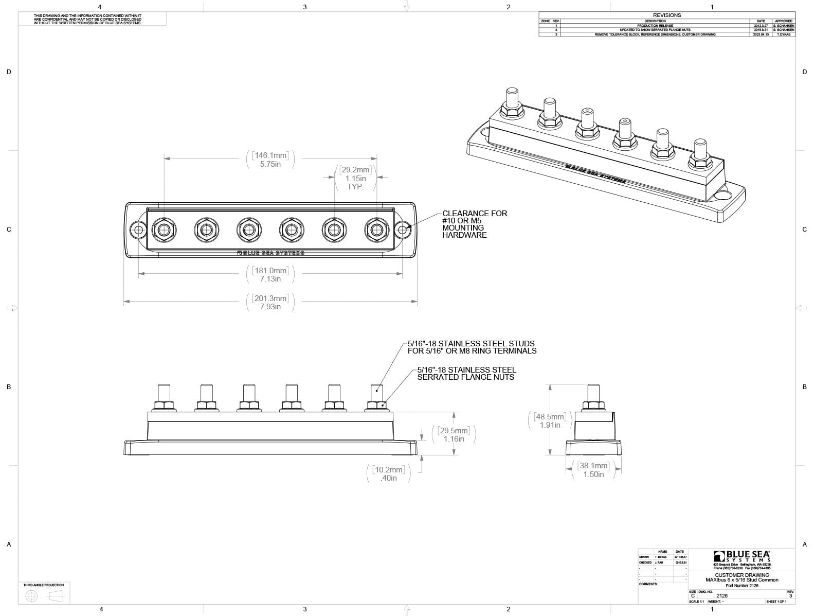 MaxiBus BusBar - Six 5/16" Studs