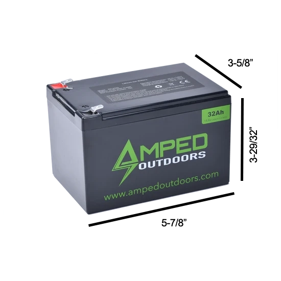 Amped Outdoors 32Ah Lithium Battery Product Photo with Dimensions