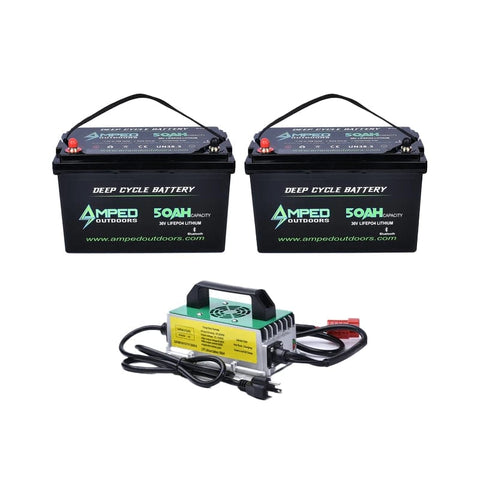 amped outdoors 36v 50ah batteries and charger product photo.