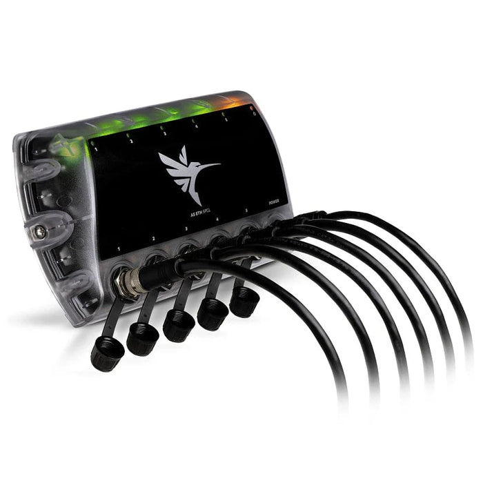 Humminbird 5 port ethernet switch with ethernet cables plugged in and amber and green connection status lights  on a white background