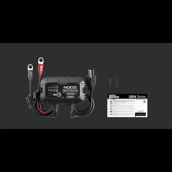 NOCO Genius single bank charger with mounting screws and safety label