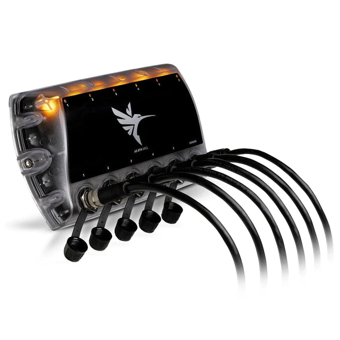 Humminbird 5 port ethernet switch with amber lights on and power and ethernet cables plugged in one a white background