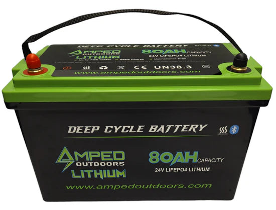 Amped Outdoors 24 volt lithium trolling motor battery.