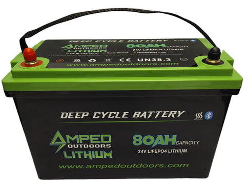 Amped Outdoors 24 volt lithium trolling motor battery.