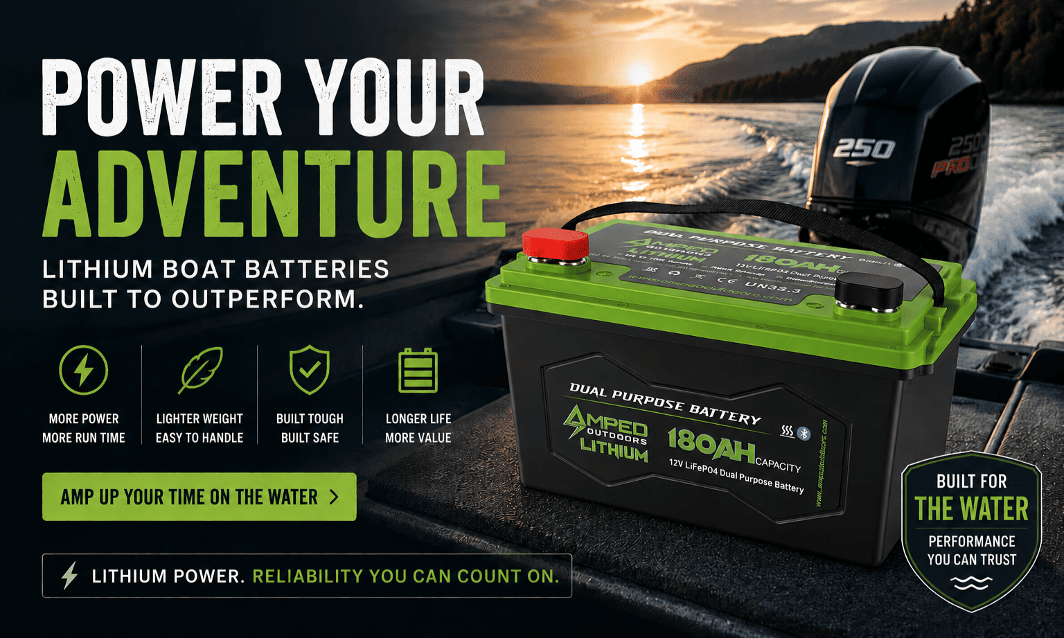 Lithium boat battery with sunset and boat in the background, promoting power for outdoor activities.
