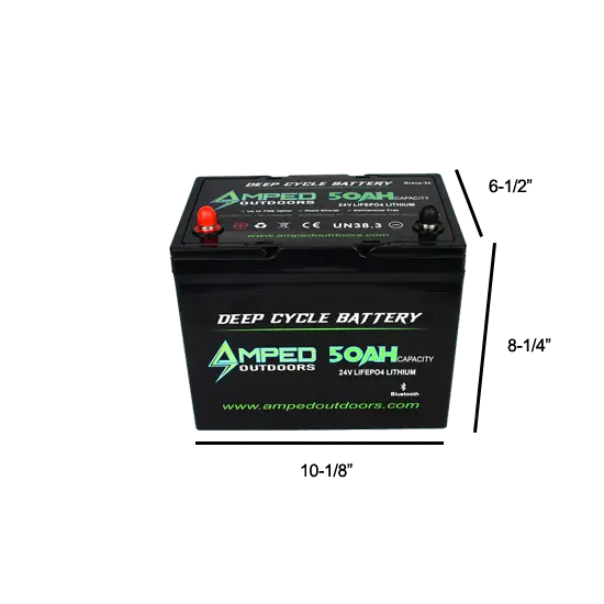 amped outdoors 24v 50ah battery product photo with dimensions