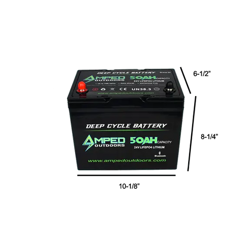 amped outdoors 24v 50ah battery product photo with dimensions