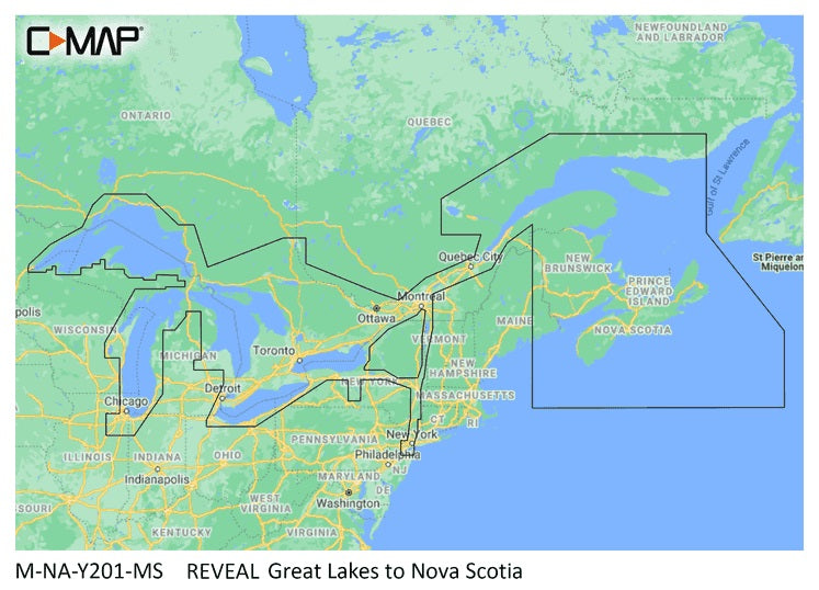 C-Map Reveal Great Lakes to Nova Scotia lake map card for fish finders.